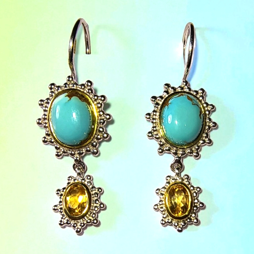 Turquoise, Citrine & Sterling Silver Drop Dangle Earrings